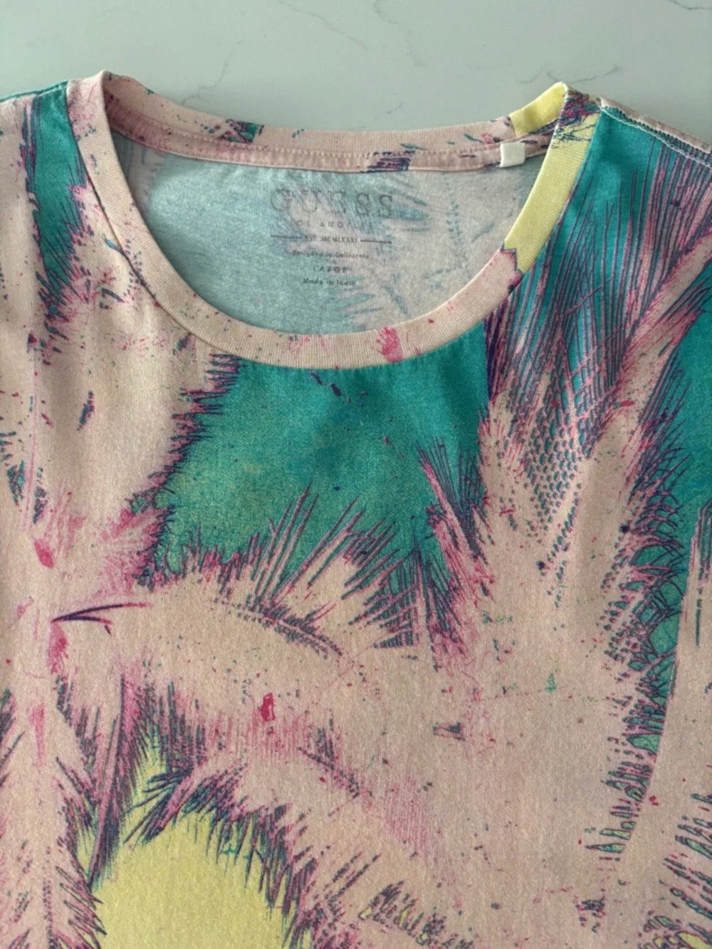 Guess Tropical Palm Graphic Tee in Pastel Yellow, Pink, Teal - Picture 2 of 6